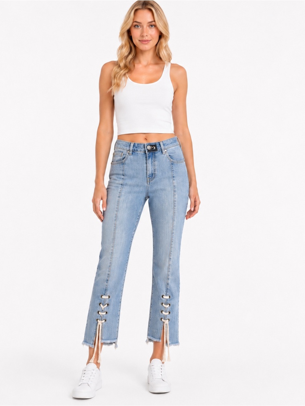 A.Z.I. Women's Light Blue Straight-Leg Jeans with Lace-Up Hem